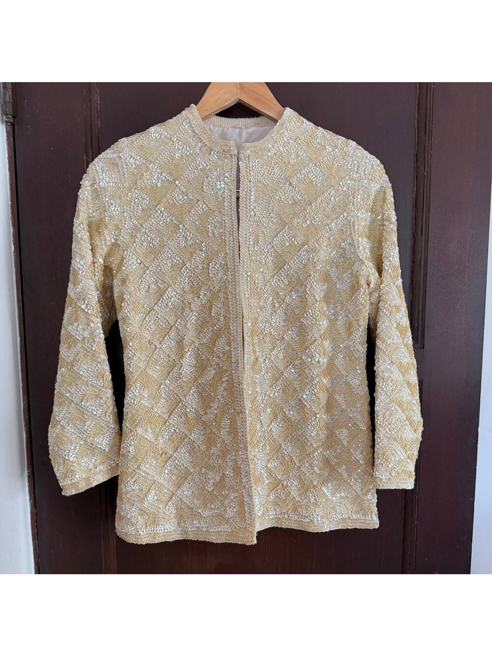 1950s Vintage  Creamy Butter Yellow Sequin Patterned Evening Jacket Blazer XS